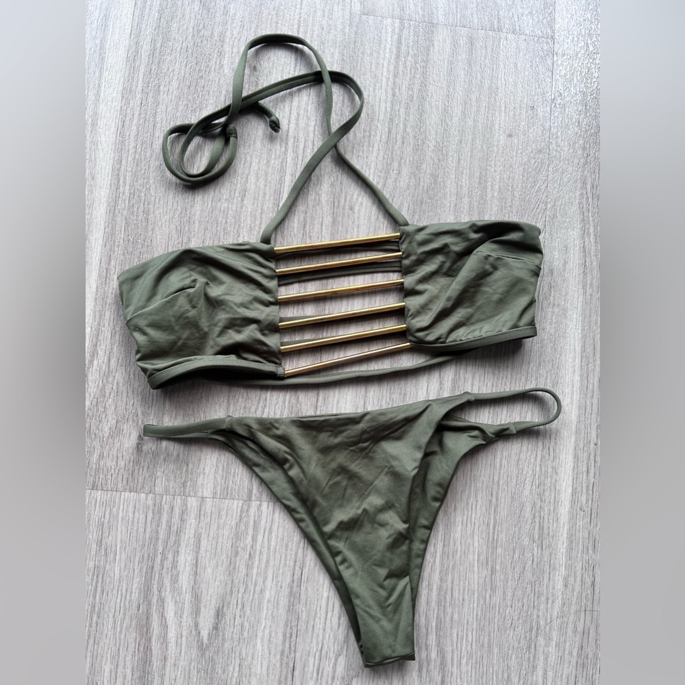Olive green bikini with gold metal detail